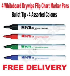 Whiteboard Drywipe Flip Chart Marker Pens Bullet Tip Dry Wipe 4 Assorted Pack - Picture 1 of 1