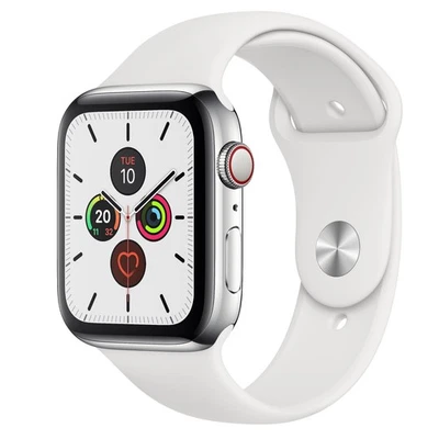 Apple Watch Series 5 GPS + Cellular 44mm Stainless Steel Case & White Sport Band - Image 1 of 4