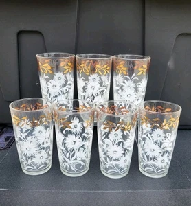 Set Of 7 Vtg 1940-50's Hazel Atlas WHITE ASTER Gold trim Floral Drinking Glasses - Picture 1 of 9