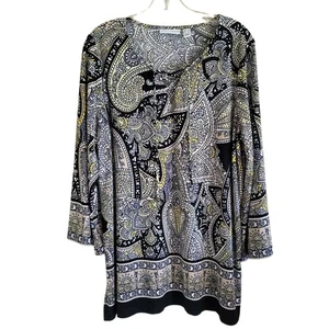 Susan Graver Top Blouse Women's Large Yellow Black Boho Stretchy Liquid Knit - Picture 1 of 10