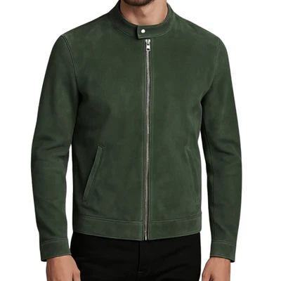 Men’s Green Suede Leather Jacket Slim Fit Biker Style Genuine Soft Suede Coat - Image 1 of 4