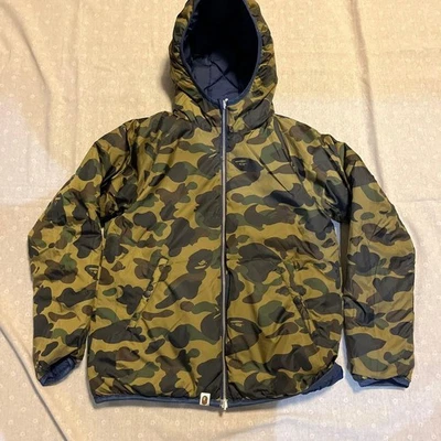 A BATHING APE Reversible Camo Down Jacket Navy Green M BAPE Quilted Hooded - Image 1 of 4