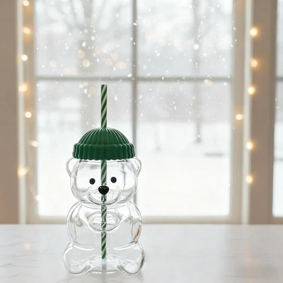 20oz Holiday Bear Beanie Glass Tumbler Cold Coffee Cup Mug Jar With Straw 2025 - image 1 of 4