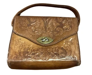 Vintage Handcrafted Tooled Leather Handbag With Florals Brass Turn Lock Closure - Picture 1 of 6