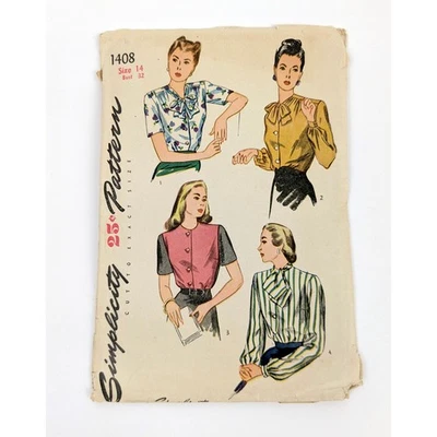40s Women's Buttoned Blouse w/Tucks Sewing Pattern, Size 14 B32, Simplicity 1408 - Image 1 of 4