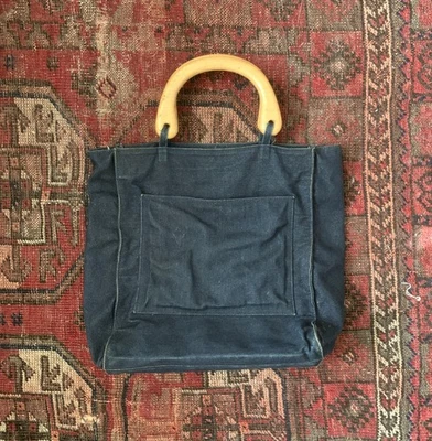 Vintage Denim Bag Adriana Caras 1960s / 70s Americana Wood Handles Purse / Hippy - Image 1 of 4