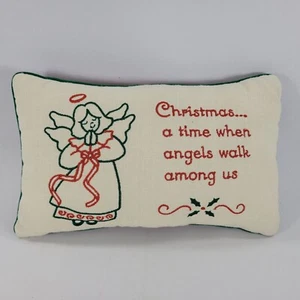Vintage Christmas Angel Embroidered Pillow With Plaid Back 10.5" X 6.5" - Picture 1 of 6