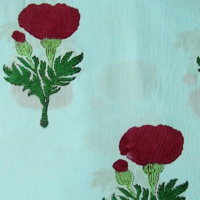 Handmade Indian Hand Block Printed Cotton Fabric 5 Yard Sanganeri Voile Running - Image 1 of 4