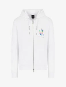 A|X Armani Exchange Unisex, Logo Full Zip Hooded Cotton Sweatshirt, White, M - Picture 1 of 7