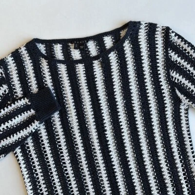 Suéter náutico tejido abierto de lino a rayas azul blanco Theory para mujer talla pequeña Foto 1 de 4