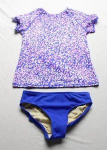 Lands' End Girl's S/S Rash Guard Bikini Bottom Set AW5 Blue Mosaic Dot Medium - Picture 1 of 7
