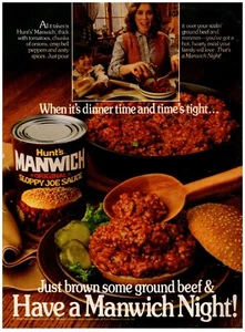 PRINT AD, 1985 Hunt's Manwich Sloppy Joe Sauce Can 80s Housewife Mom Dinner Time - Bild 1 von 1