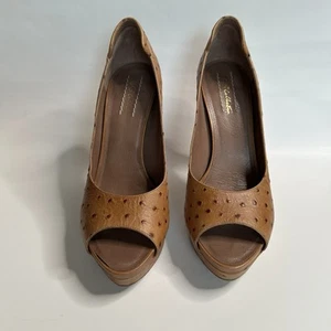 UGG Collection Ostrich-Embossed Leather Peep Toe Heels  - Picture 1 of 6