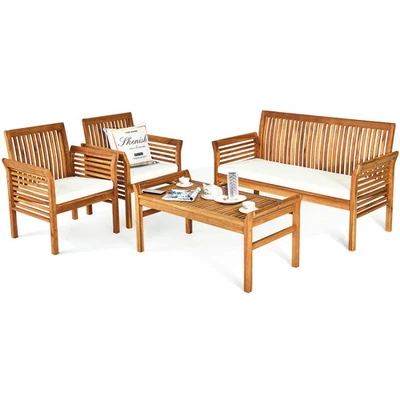 4 PCS Outdoor Acacia Wood Sofa Furniture Set Cushioned Chair Coffee Table Garden - Image 1 of 4