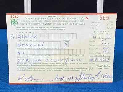 1969 Ontario Canada Nonresident VTG Hunting License Spring Valley WI Lt#23 - Image 1 of 2
