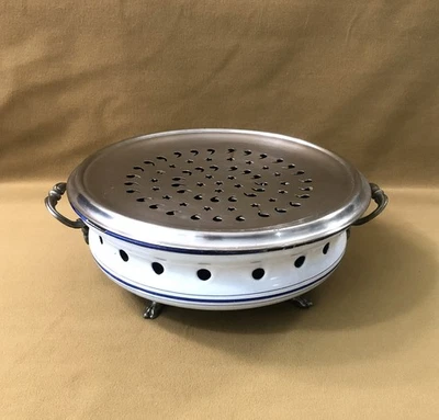 ancien chauffe plat en tôle émaillée et métal chromé Table Réchaud à braises - Photo 1/4