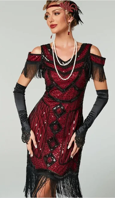 FLAPPER 1920s DRESS-Vintage Style 1920s Flappe Dress - Sequined Tassel, LGE - Image 1 of 4