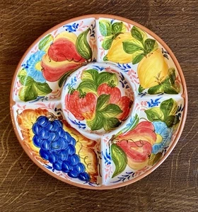 Signed Manuel Rocha Algarve Handpainted 9.5” Snack Dish 5 Sections Fruit Design - Picture 1 of 12
