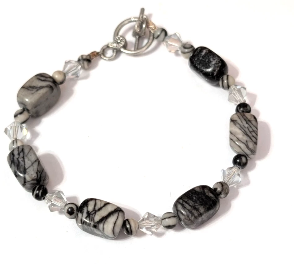 Pulsera Picasso Jaspe Cuentas 8" Negro Gris Tono Plata Araña Piedra sbr-68 Foto 1 de 4