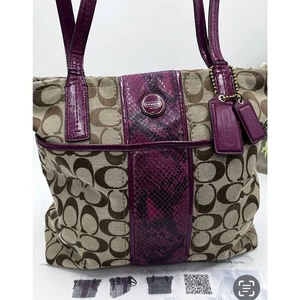 Authenticated F25706 Raspberry Snakeskin Tan Brown Signature Logo Tote Bag - Picture 1 of 20