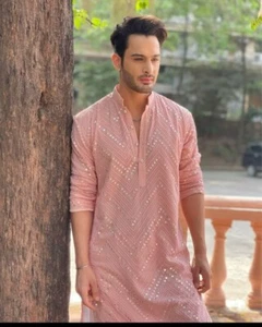 Pink Embroidered sequins Chikenkari Kurta For Men - ONLY KURTA - Picture 1 of 5