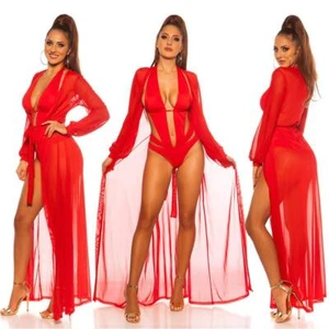 Women's Beach Kimono Long in Chiffon Beach Dress Red 34/36/38 #LK101 - Picture 1 of 5