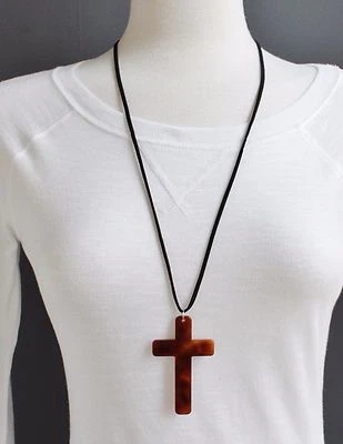 Brown cross necklace 28" long Black faux suede cord Big pendant lightweight - Image 1 of 4