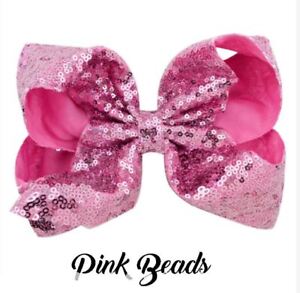 Jojo Siwa 8 Inch Beads Grosgrain Ribbon Hair Bow Clip - PINK BEADS