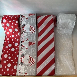 Christmas Wired Ribbon Merry Christmas Gnome Red White Dots Stripes 20y Total - Picture 1 of 10