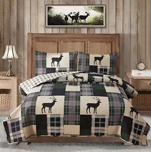 Lodge Quilt Set Full/Queen Size Plaid Patchwork Rustic Cabin Bedding Moose Deer - Picture 1 of 12
