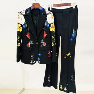 Temperament Womens Floral Print One Button Suit Blazer Trumpet Pants Formal Suit - Picture 1 of 19