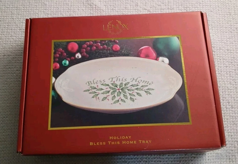 Lenox Holiday Bless this Home Tray Holly Berry Christmas Serving Platter