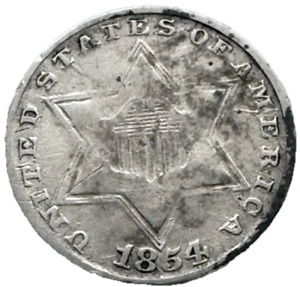 1854 3 Cent Silver - type 2 - two lines bordering stars