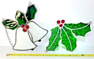 Stained Glass Holly Berry White Bell Suncatcher Winter Holiday Christmas Hanging - Picture 1 of 8
