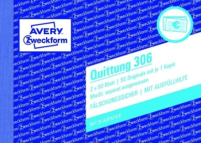 AVERY ZWECKFORM 1 Quittungsblock Zweckform 306 A6 Quittung 2x 50 Blatt AVERY fälschungssicher