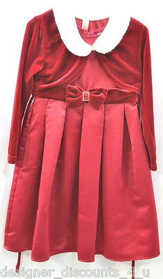 Vestido Cherokee Niñas Talla 5 Rojo Satinado Vestido Terciopelo Chaqueta Cuello Piel Sintética Vacaciones Foto 1 de 4