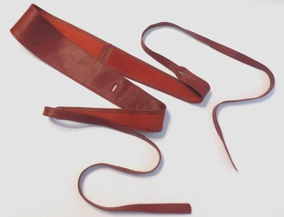 OS vintage S M L burgundy Lamb leather obi style wrap cinch waist WIDE TIE BELT - Image 1 of 4