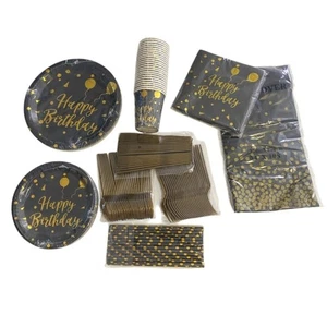 Set 20 stoviglie usa e getta Happy Birthday nuove sigillate nero e oro - Foto 1 di 4