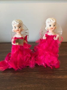 Lot de 2 anges plumes Holt Howard vintage années 50 tête porcelaine rose vif NOEL - Photo 1/15