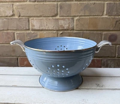 Fiestaware Fiesta Blue 11" Large Enamel Metal Colander Vintage  Handles Read - Image 1 of 4