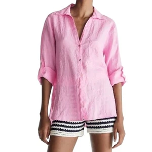 NWOT ZARA Shirt M Linen Pink Roll Tab Sleeve Curve Hem Gold Button Pocket - Picture 1 of 13
