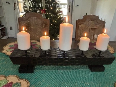 Beautiful Five Pillar Wood And Metal Centerpiece Candleholder. 25x5x6.5 Inches - Image 1 of 4