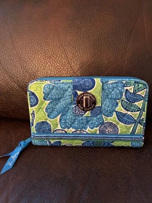 Cartera sin asas Vera Bradley Turn Lock floral verde/azul acolchada con cremallera alrededor *LINDA* Foto 1 de 4