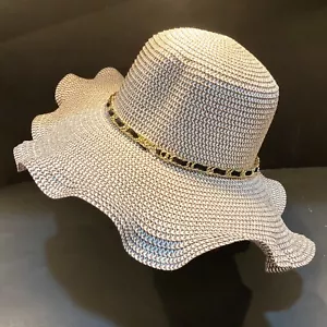 Strand Woven Women's Floppy Beach Sun Hat Woven Wide Brim ~ Beige Black~One Size - Picture 1 of 12