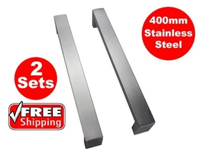 2 X ENTRANCE DOOR HANDLE PULL SET STAINLESS STEEL 400mm LONG SATIN FINISH SQUARE - Picture 1 of 7