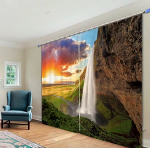 Sunset Nature Scenery Waterfall 3D Blackout Window Curtains 2 Panels Drapes - Picture 1 of 9