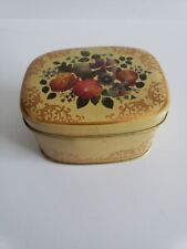 Vintage Tin Trinket Box Floral with Gold Accents Hinged Lid Made in England