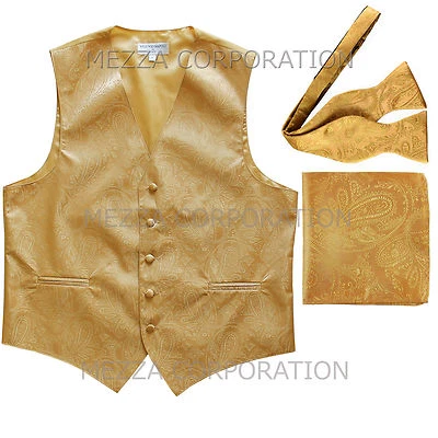 New Men's vest paisley Tuxedo Waistcoat self tie bow tie and hankie Gold formal - Image 1 of 4