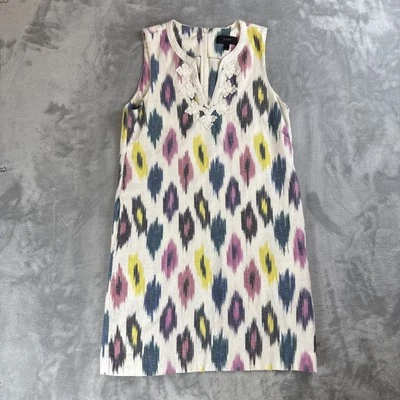 Vestido J Crew Marfil Acuarela Ikat Shift Talla 8 Bordado Sin Mangas Lino Foto 1 de 4