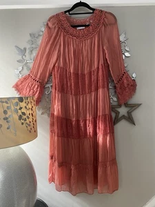 Made In Italy Bohemian Gypsy Tiered Silk/Lace Tunic Dress OS UK 12/14/16 Ch 40” - Picture 1 of 14
